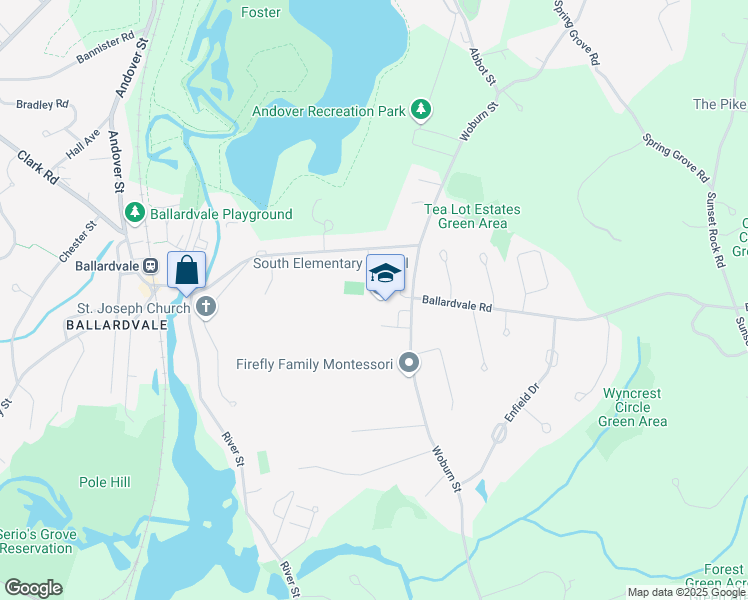 map of restaurants, bars, coffee shops, grocery stores, and more near 55 Woburn Street in Andover