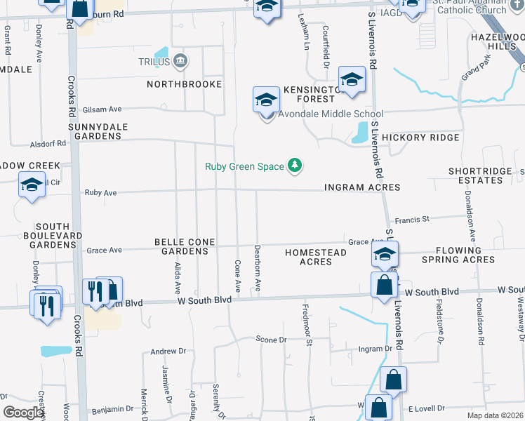 map of restaurants, bars, coffee shops, grocery stores, and more near 1425 Ruby Avenue in Rochester Hills