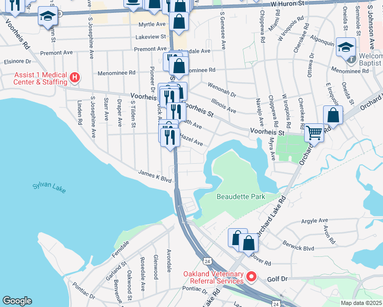 map of restaurants, bars, coffee shops, grocery stores, and more near 26 Hazel Avenue in Pontiac
