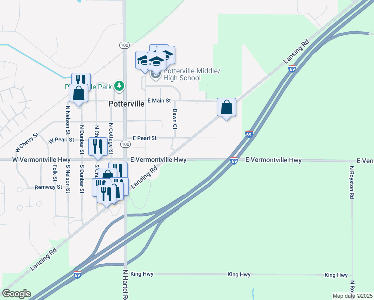 map of restaurants, bars, coffee shops, grocery stores, and more near 500 East Pearl Street in Potterville