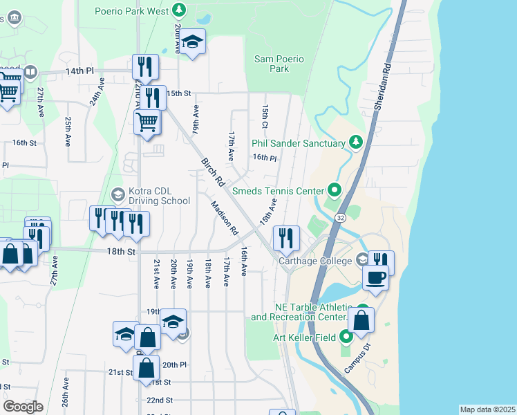 map of restaurants, bars, coffee shops, grocery stores, and more near 1730 15th Avenue in Kenosha
