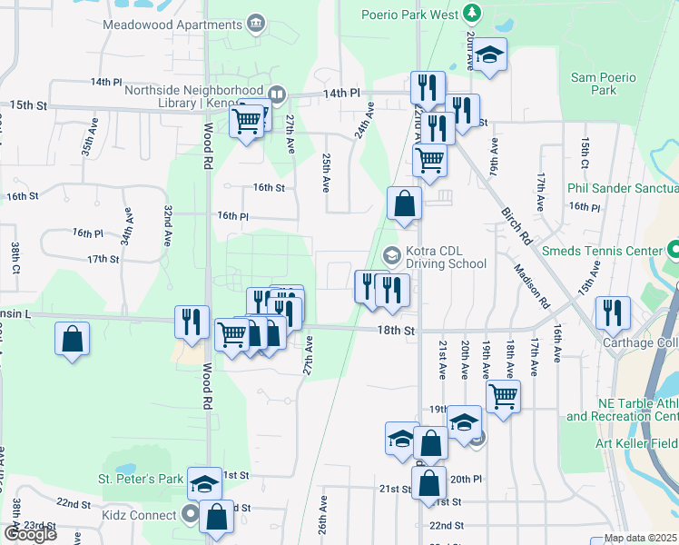 map of restaurants, bars, coffee shops, grocery stores, and more near 2542 18th Street in Kenosha