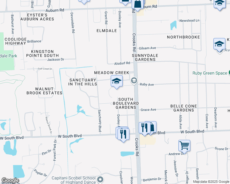 map of restaurants, bars, coffee shops, grocery stores, and more near 3600 Crooks Road in Rochester Hills