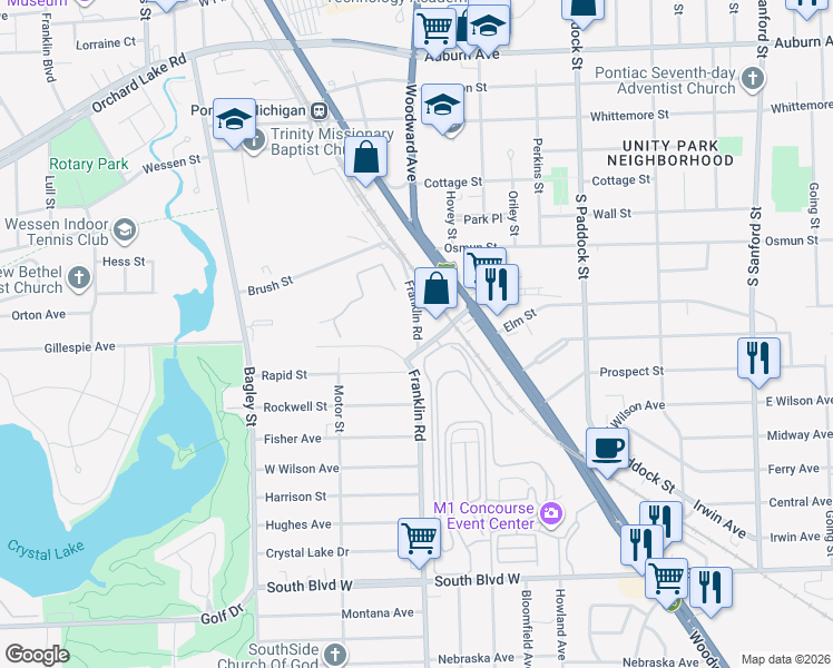 map of restaurants, bars, coffee shops, grocery stores, and more near 104 Franklin Road in Pontiac