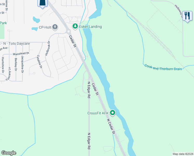 map of restaurants, bars, coffee shops, grocery stores, and more near 1470 North Cedar Street in Mason