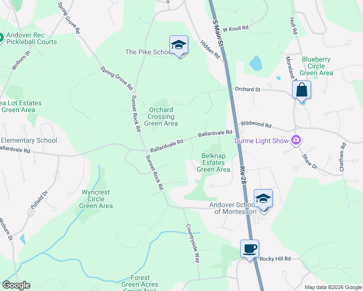 map of restaurants, bars, coffee shops, grocery stores, and more near 25 Ballardvale Road in Andover