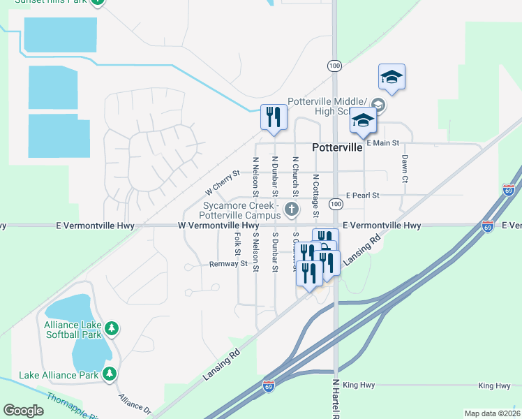 map of restaurants, bars, coffee shops, grocery stores, and more near 205 North Nelson Street in Potterville