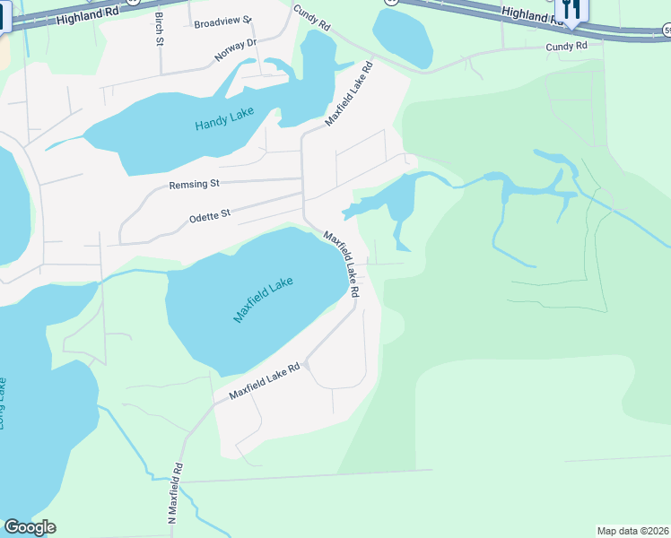 map of restaurants, bars, coffee shops, grocery stores, and more near 1574 Maxfield Lake Road in Hartland