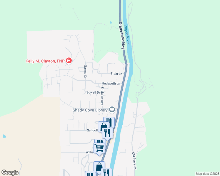 map of restaurants, bars, coffee shops, grocery stores, and more near 105 Hudspeth Lane in Shady Cove