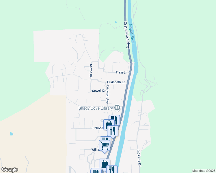 map of restaurants, bars, coffee shops, grocery stores, and more near 206 Hudspeth Lane in Shady Cove
