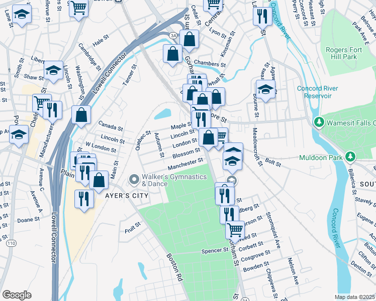 map of restaurants, bars, coffee shops, grocery stores, and more near 18 London Street in Lowell
