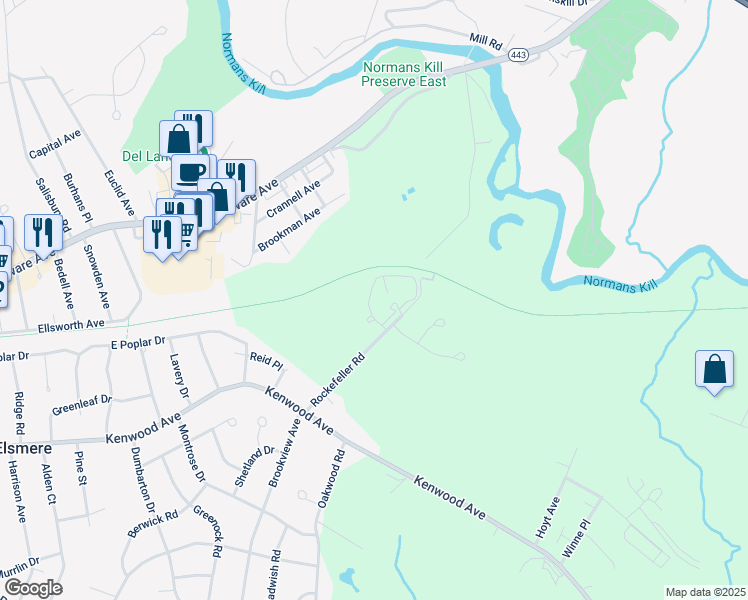 map of restaurants, bars, coffee shops, grocery stores, and more near Albany County Rail Trail in Delmar