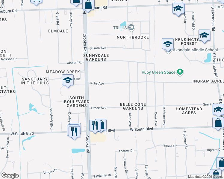 map of restaurants, bars, coffee shops, grocery stores, and more near 1815 Ruby Avenue in Rochester Hills