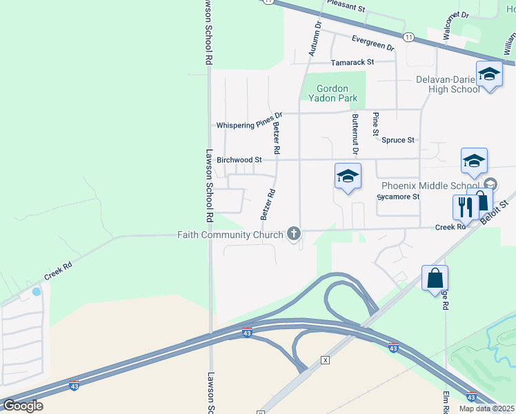 map of restaurants, bars, coffee shops, grocery stores, and more near 519 Betzer Road in Delavan
