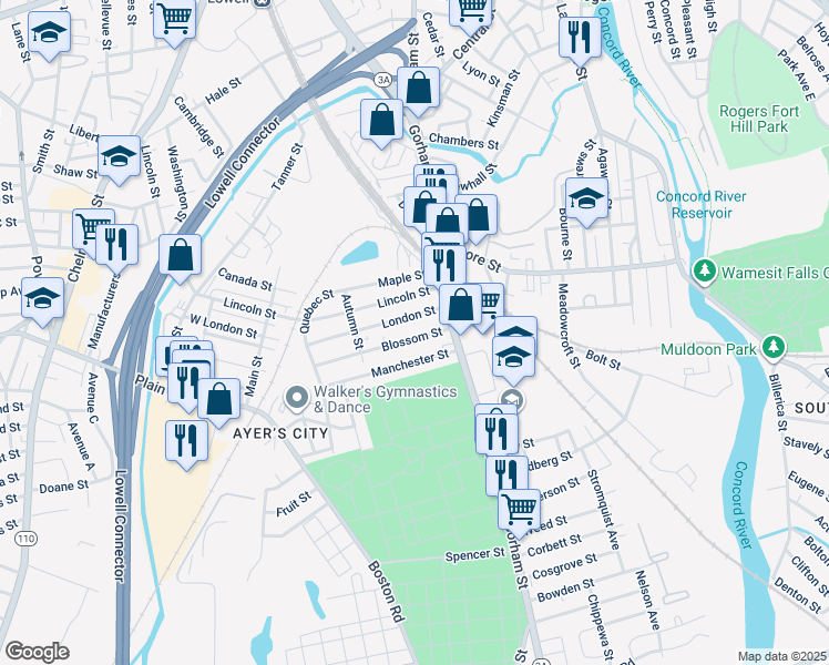 map of restaurants, bars, coffee shops, grocery stores, and more near 18 London Street in Lowell