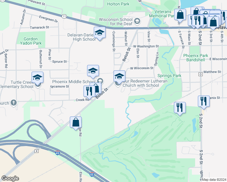 map of restaurants, bars, coffee shops, grocery stores, and more near 529 Beloit Street in Delavan