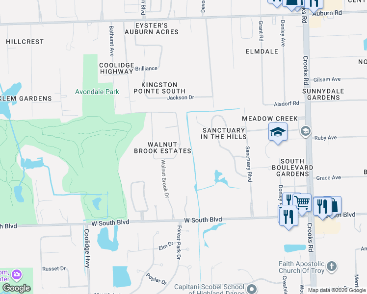 map of restaurants, bars, coffee shops, grocery stores, and more near 3609 Cedar Brook Drive in Rochester Hills