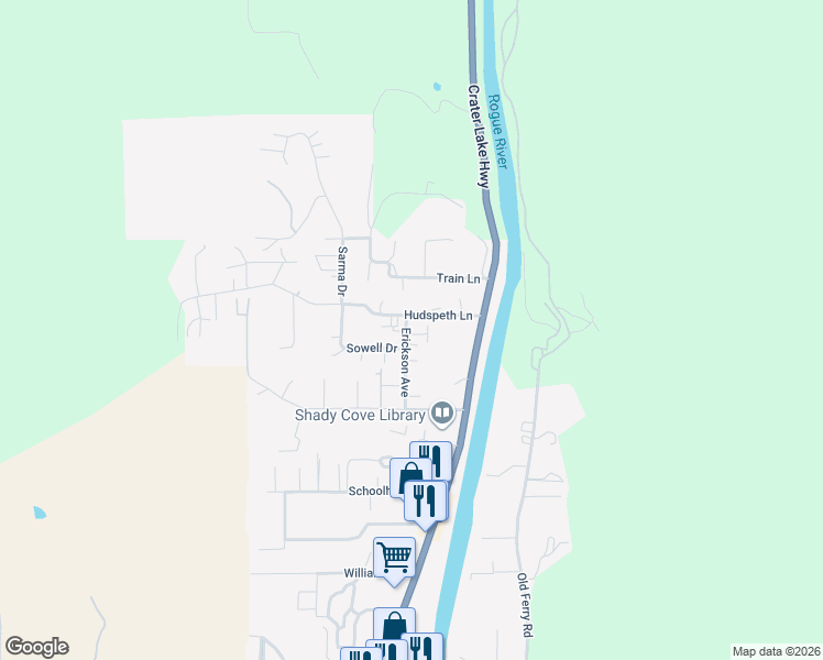 map of restaurants, bars, coffee shops, grocery stores, and more near 105 Hudspeth Lane in Shady Cove