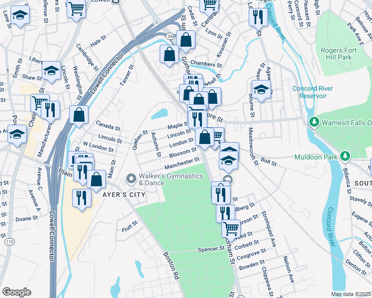map of restaurants, bars, coffee shops, grocery stores, and more near 18 London Street in Lowell