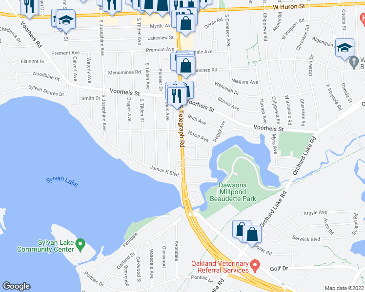 map of restaurants, bars, coffee shops, grocery stores, and more near 275 South Telegraph Road in Pontiac