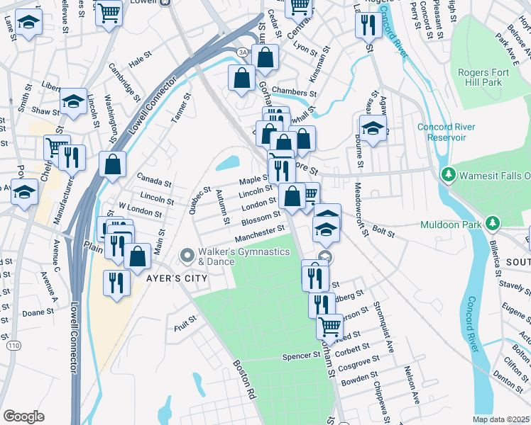 map of restaurants, bars, coffee shops, grocery stores, and more near 18 London Street in Lowell