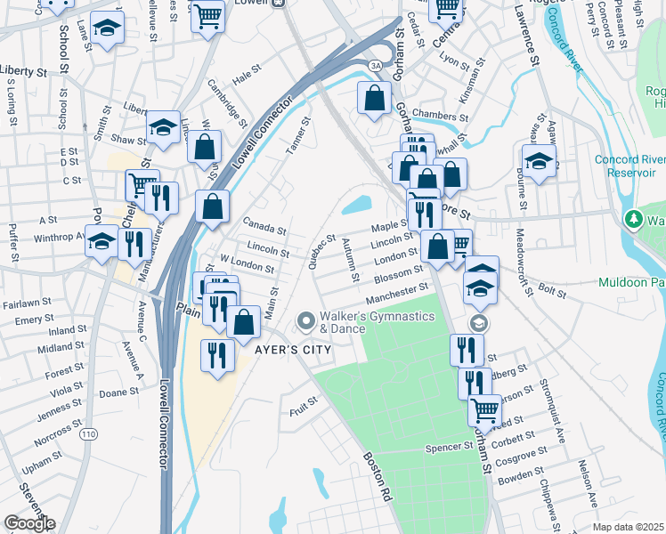 map of restaurants, bars, coffee shops, grocery stores, and more near 341 Lincoln Street in Lowell