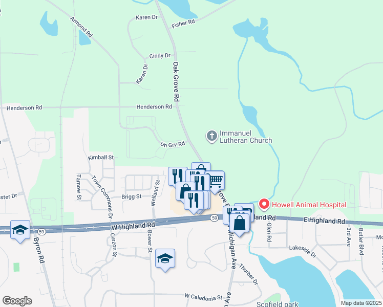 map of restaurants, bars, coffee shops, grocery stores, and more near 1907 Oak Grove Road in Howell