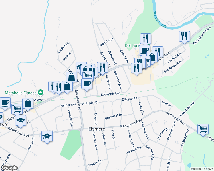 map of restaurants, bars, coffee shops, grocery stores, and more near 5 Bedell Avenue in Delmar