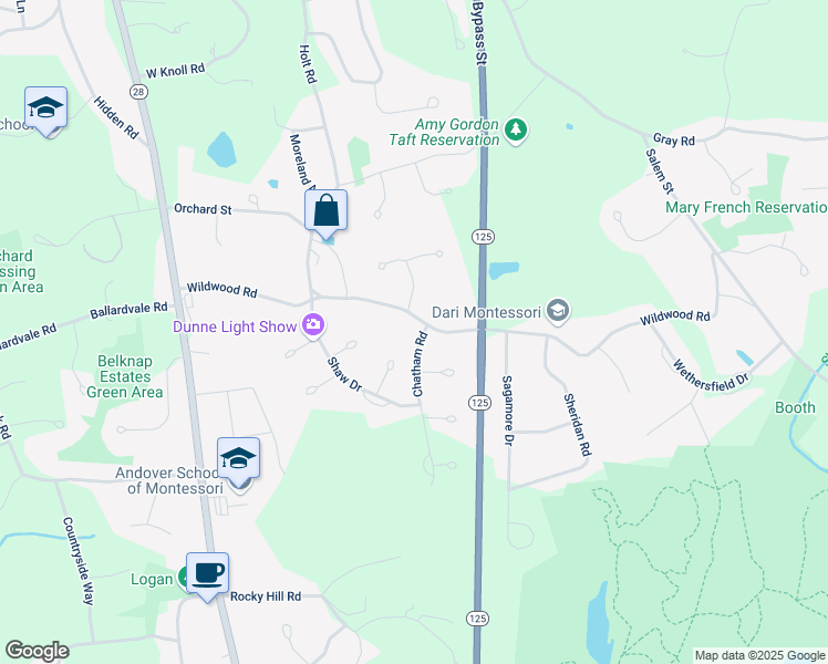 map of restaurants, bars, coffee shops, grocery stores, and more near 53 Wildwood Road in Andover