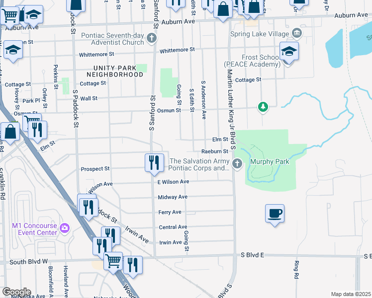 map of restaurants, bars, coffee shops, grocery stores, and more near 409 Raeburn Street in Pontiac