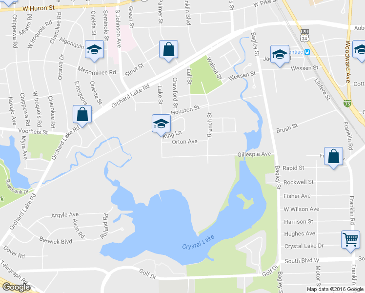 map of restaurants, bars, coffee shops, grocery stores, and more near 63 Orton Avenue in Pontiac