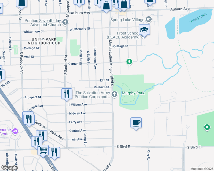 map of restaurants, bars, coffee shops, grocery stores, and more near 497 Raeburn Street in Pontiac