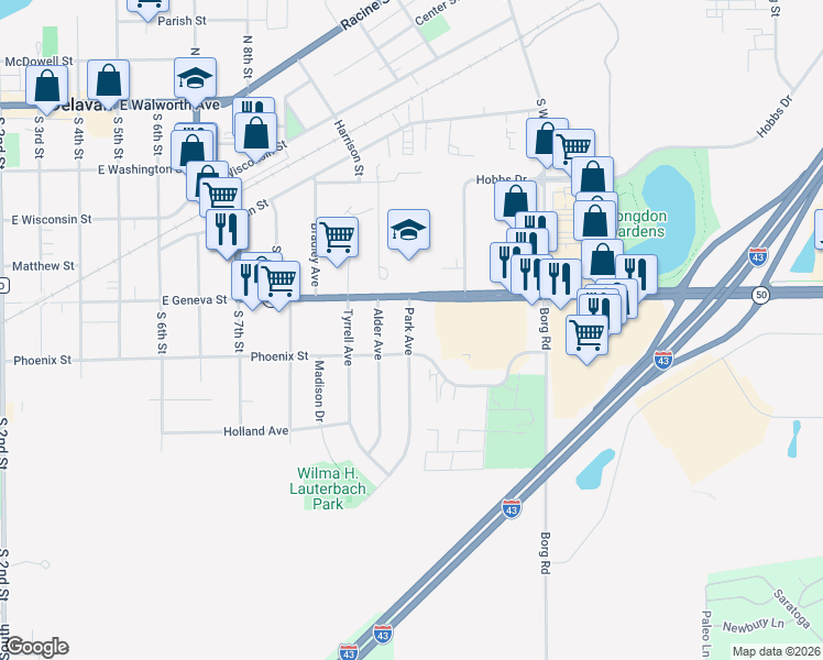 map of restaurants, bars, coffee shops, grocery stores, and more near 505 Park Avenue in Delavan