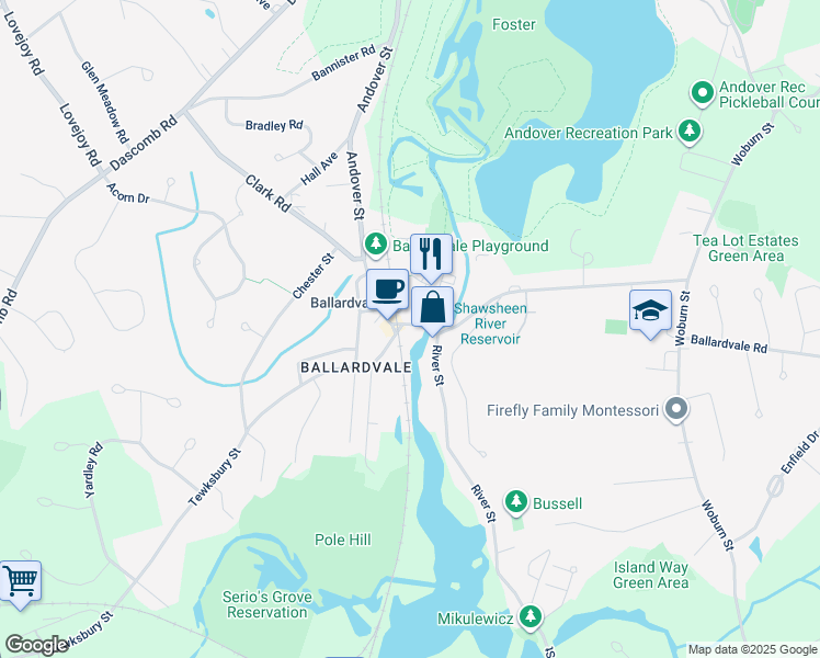 map of restaurants, bars, coffee shops, grocery stores, and more near 180 Andover Street in Andover