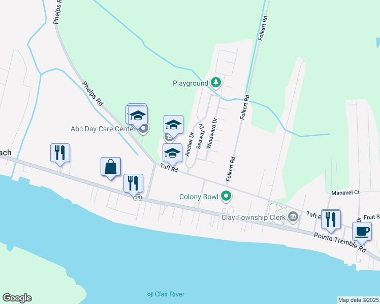 map of restaurants, bars, coffee shops, grocery stores, and more near 9563 Anchor Drive in Clay Township
