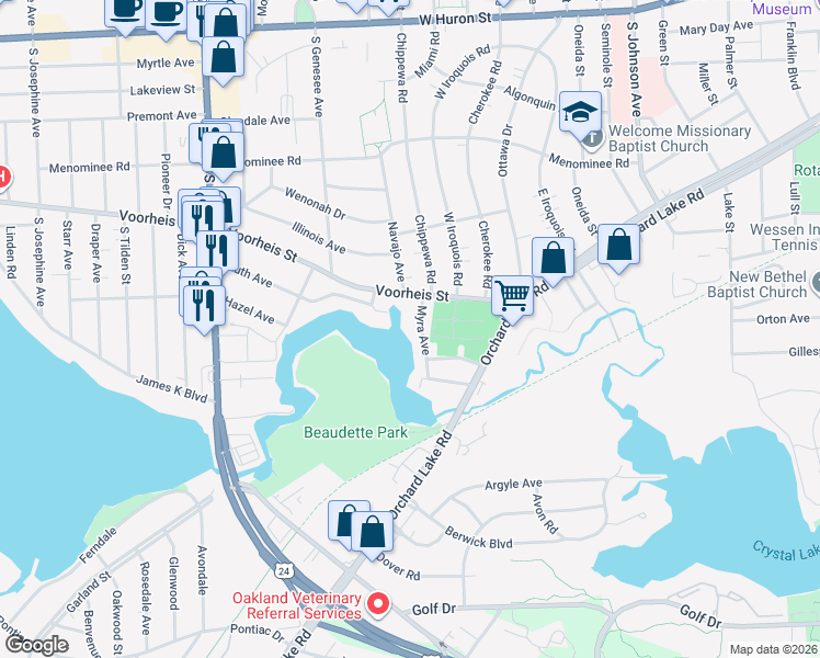 map of restaurants, bars, coffee shops, grocery stores, and more near 18 Myra Avenue in Pontiac