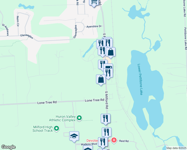 map of restaurants, bars, coffee shops, grocery stores, and more near 1277 Pine Ridge Drive in Highland Charter Township