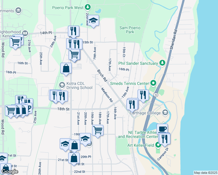 map of restaurants, bars, coffee shops, grocery stores, and more near in Kenosha