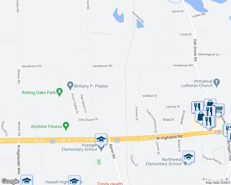 map of restaurants, bars, coffee shops, grocery stores, and more near 550 Olde English Circle in Howell