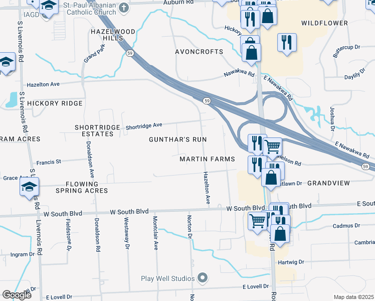 map of restaurants, bars, coffee shops, grocery stores, and more near 3733 Milano Court in Rochester Hills