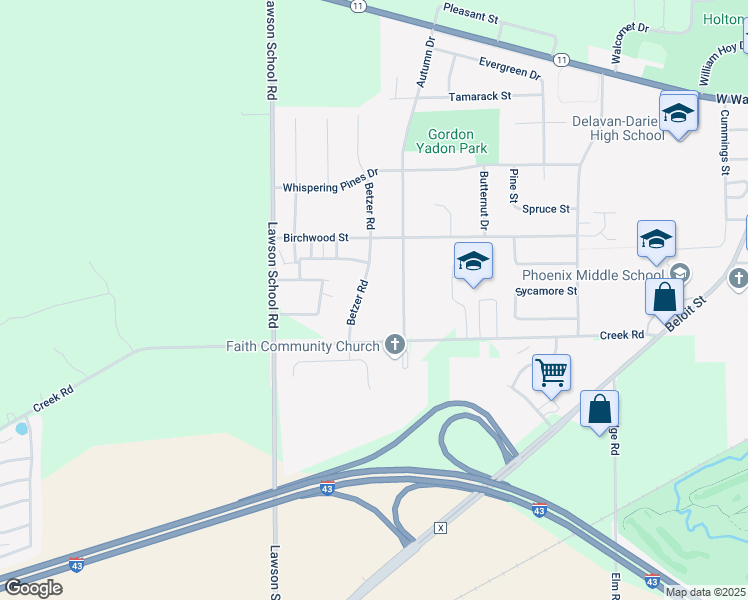 map of restaurants, bars, coffee shops, grocery stores, and more near 507 Betzer Road in Delavan