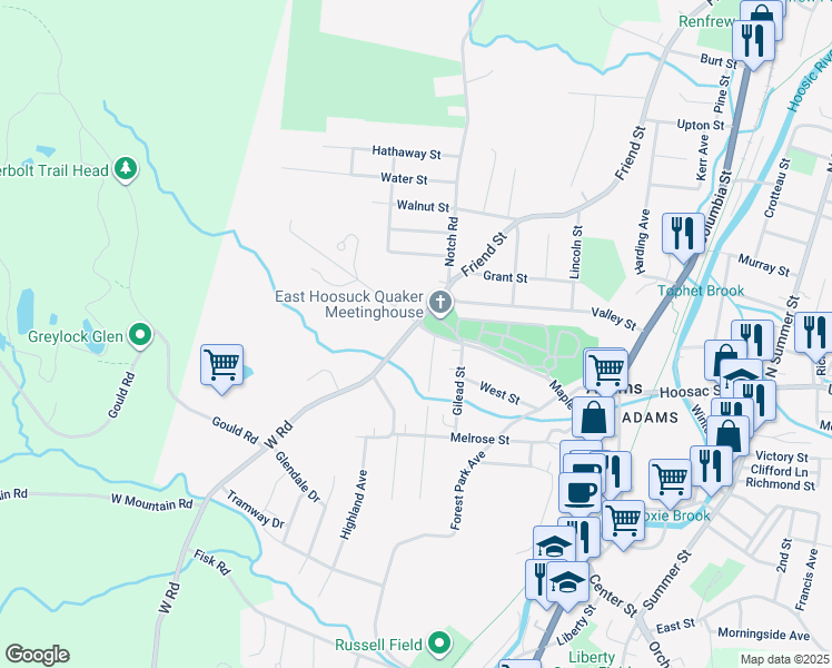 map of restaurants, bars, coffee shops, grocery stores, and more near in Adams
