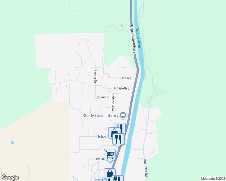 map of restaurants, bars, coffee shops, grocery stores, and more near 206 Hudspeth Lane in Shady Cove