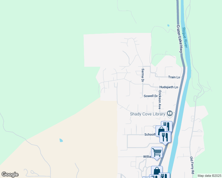 map of restaurants, bars, coffee shops, grocery stores, and more near 535 Hudspeth Lane in Shady Cove