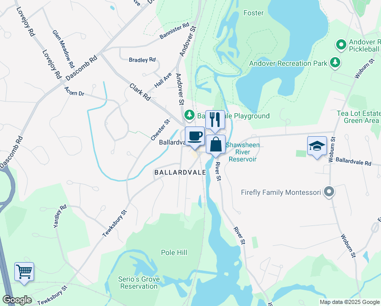 map of restaurants, bars, coffee shops, grocery stores, and more near 180 Andover Street in Andover