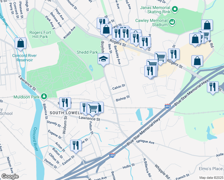 map of restaurants, bars, coffee shops, grocery stores, and more near 186 Boylston Street in Lowell