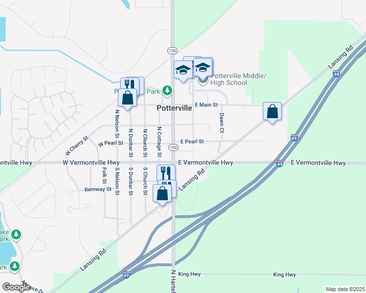 map of restaurants, bars, coffee shops, grocery stores, and more near 340 East Pearl Street in Potterville