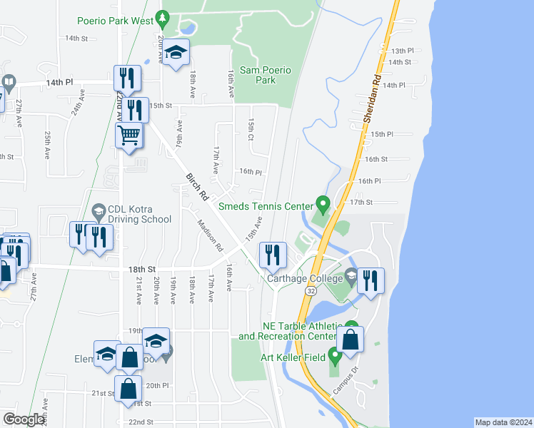 map of restaurants, bars, coffee shops, grocery stores, and more near 1694 12th Avenue in Kenosha