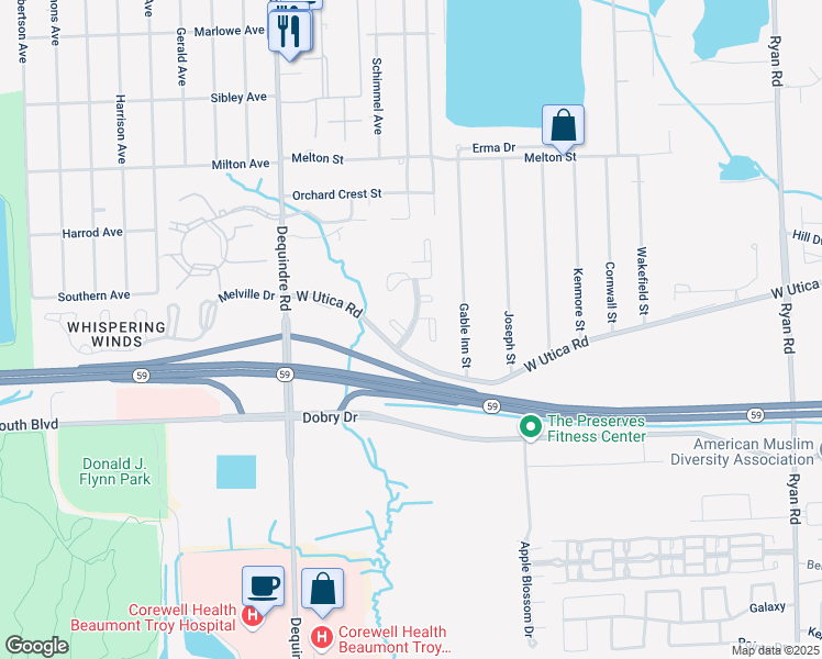 map of restaurants, bars, coffee shops, grocery stores, and more near 45425 Whispering Lakes Boulevard in Shelby Township