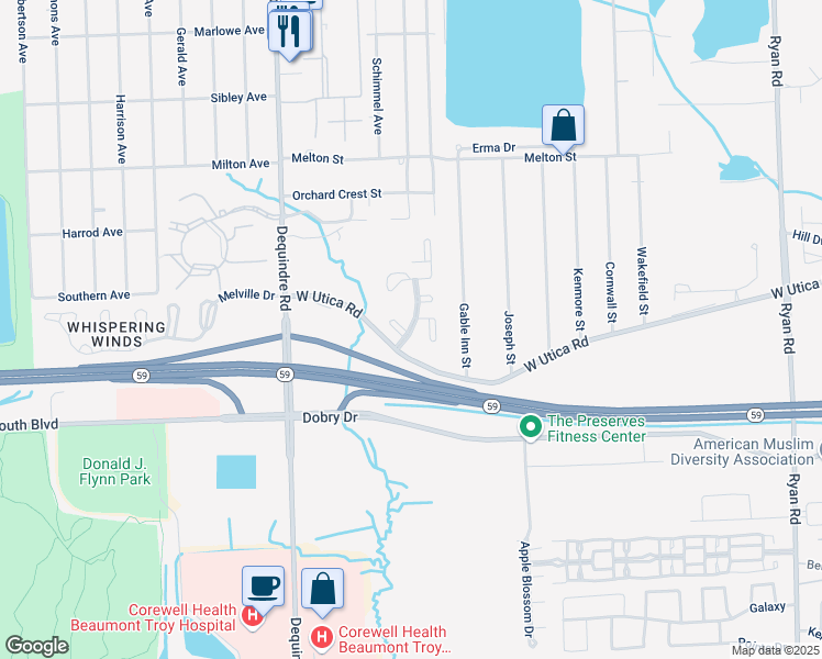 map of restaurants, bars, coffee shops, grocery stores, and more near 45425 Whispering Lakes Boulevard in Shelby charter Township